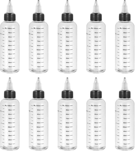 Set om 10 - 100 ml färgmixningsoljeflaska - klar plastklämflaska - graderad klämflaska - för bläckvätskor - Set om 10 - 10 - 100 m