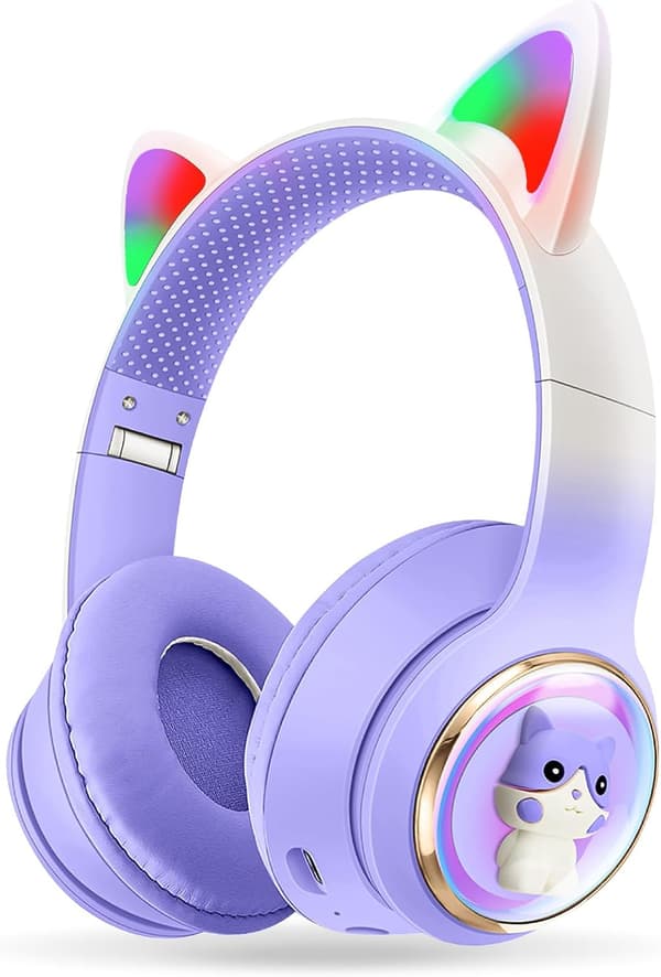 Bluetooth-hörlurar för barn, vikbara, rosa, för pojkar, trådlösa hörlurar med kattöron LED-ljus och mikrofon, TF-kort