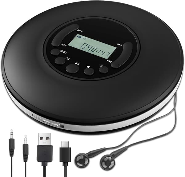 Bærbar CD-afspiller, Discman med stereo-øretelefoner og Bluetooth-udgang, stødsikker Walkman med anti-skip-funktion, kompakt og letvægts.
