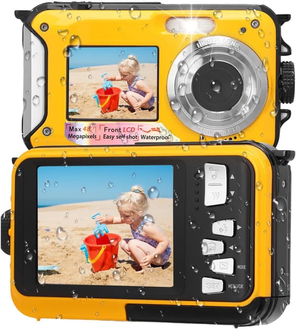 4K undervattenskamera - 48 MP autofokus vattentät digitalkamera med dubbla skärmar, 3,5 meter vattentät actionkamera med 32 GB-kort för snorkling