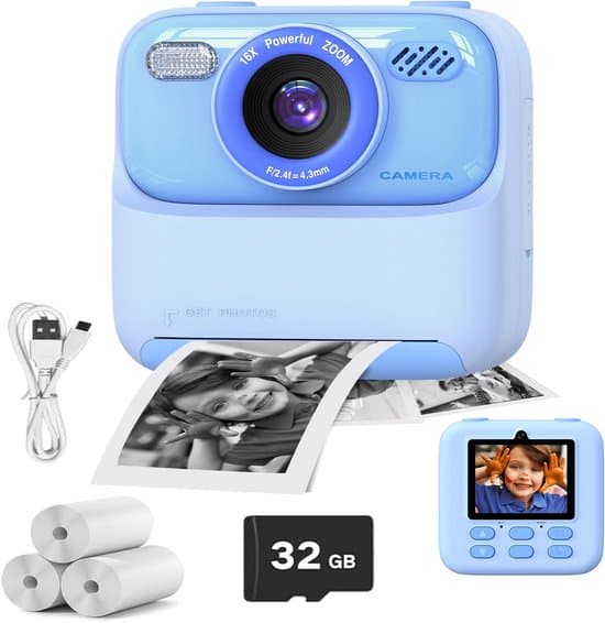 KZQ Digitalkamera för barn med direktutskrift - Födelsedagspresent för åldrarna 3 till 12 - 1080P HD Video- och fotokamera som leksak - Blå