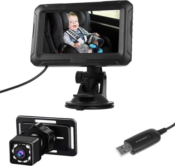 Bilbarnvakt 1080P Mörkerseende Kamera för Spädbarn, Barn och Husdjur 4,3 tum 150° Betraktningsvinkel (med USB-kabel)