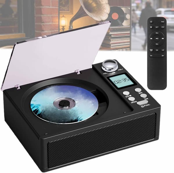 Bärbar CD-spelare med fjärrkontroll, svart, LCD-skärm, USB/SD-stöd, uppladdningsbart batteri, liten kompakt retro CD-spelare