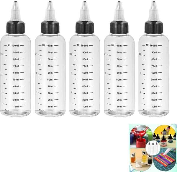 Stykke 100 ml gradueret klemmeflaske - Gennemsigtig plastikklemmeflaske - Væskedispenser - Oliedispenser - Væskeflaske med sort låg - Klem