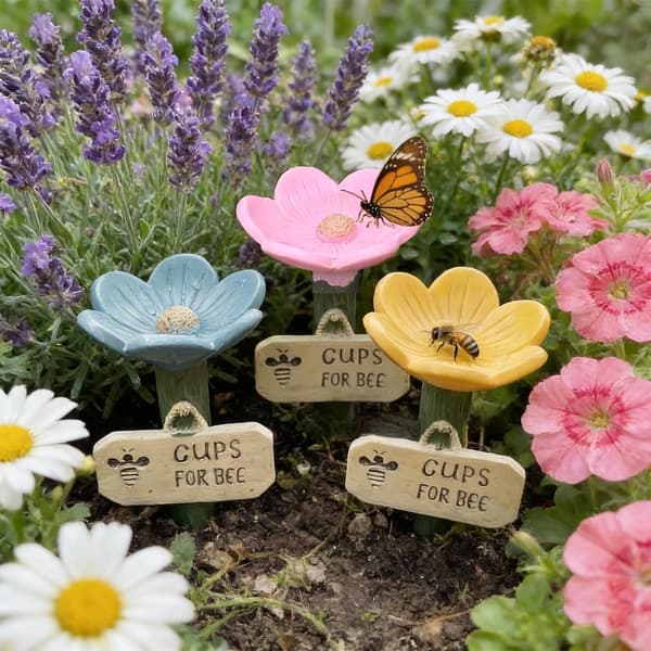 Bi-vattenstation Insektsdrickskoppar Blomformad Design Säker Drickpunkt, Blå, Rosa, Gul, Hållbar, För Trädgård