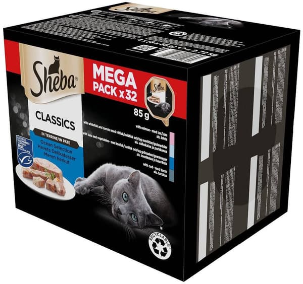 SHEBA Classics Ocean Selection Paté Vit fisk, torsk, lax, tonfisk - våtfoder för katter - 32 x 85 g