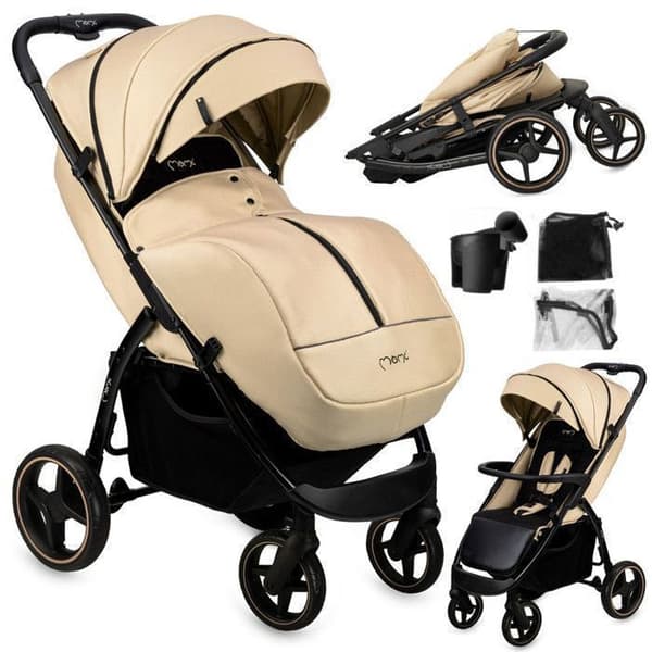 MoMi MIYA - Ultra kompakt barnvagn - Från 6 månader upp till 22 kg - Tillbehörsset - EVA-hjul 7"/10" - Beige
