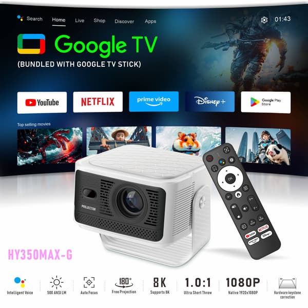 NÖRDIC Projektor Google-sertifisert 1080p 650ANSI 2.4/5G Wifi6 Android 11