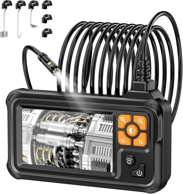 NÖRDIC 5m 1920x1080p HD-Endoskopkamera med dubbla linser, 4,3" IPS-skärm, IP67-vattentät inspektionskamera med 8 LED-lampor, halvstyv kabel, Plug & Pl