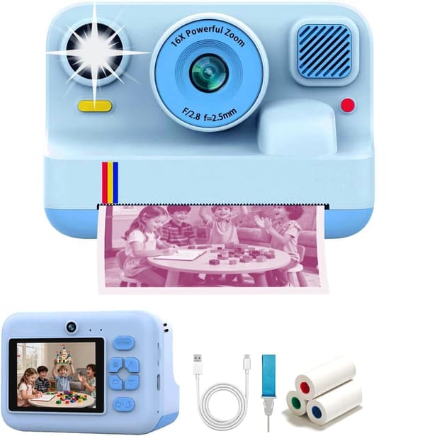 NÖRDIC 2,4-tommers HD Instant Camera Mini Kids Camera med fotoutskrift/videoopptak Kompatibel app, blå