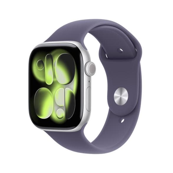 Smartwatch APPLE Watch Series 11 GPS, klocka 46mm i aluminium med silverfärg, sportarmband i mjölkigt lila - storlek M/L MEVA4MP/A