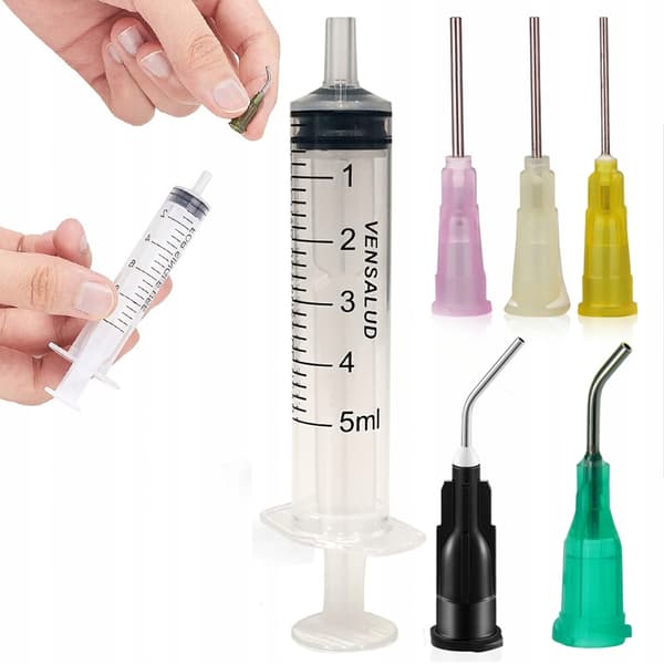 Luer-lock-spruta 5 ml med 5 nålset för flussmedel, lim och gel