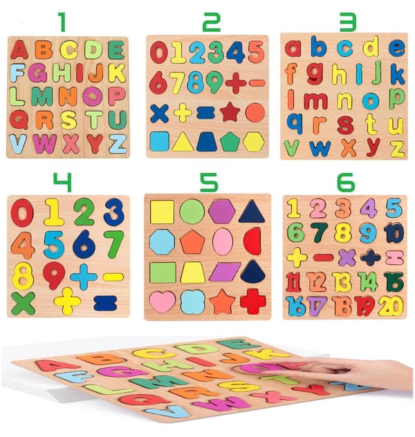 Pedagogiset puiset palapelit lapsille. Opi kirjaimia, numeroita & muotoja. 3–6-vuotiaille