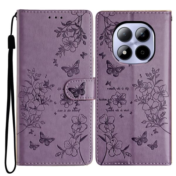 Xiaomi Redmi Note 15 Pro 5G plånboksfodral med fjärils- och blommönster i läder med rem - Lila
