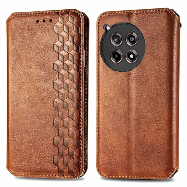 Skinn-etui med stilfult rombeavtrykk for OnePlus 12R / Fitbit Ace 3 - Brun