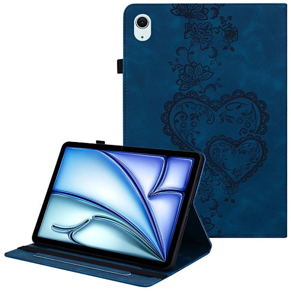 iPad Air 13 (2025) / (2024) Lærveske med hjerteavtrykk, sammenleggbar stativ, kortspor og stylus-holder - Blå