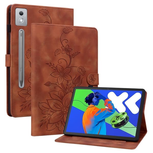 Lenovo Tab P12 Pro 12.7 2025 / Xiaoxin Pad Pro 12.7 (2025) Fodral Lily Flower Imprint Card Slots Läder Tablet Cover - Brun
