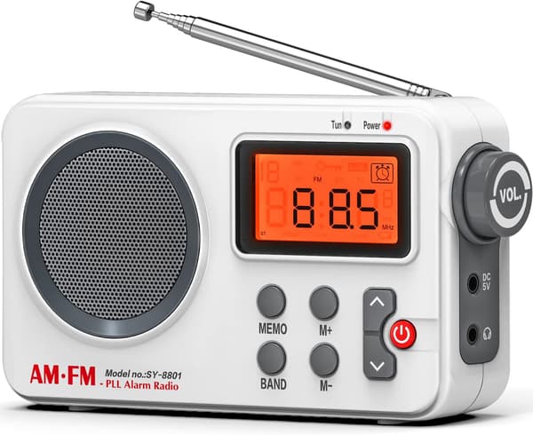 Kompakt bærbar FM/AM(MW) Transistorradio, Overlegen Modtagelse, Lyd i Høj Kvalitet, Timer, Stort Display, Alarm, Manuel Forudindstilling, Hovedtelefon