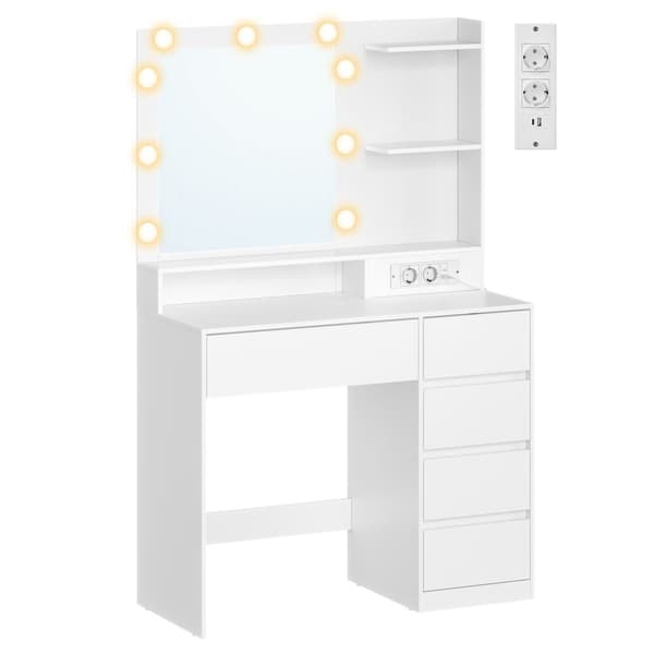 Garderobebord med spejl, LED-belysning, stik og 5 skuffer, 80 x 40 x 144,3 cm, hvid