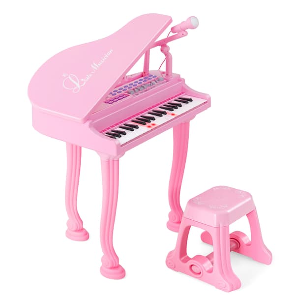 Børneklaver med 37 tangenter, skammel, mikrofon og klaverlåg, pink