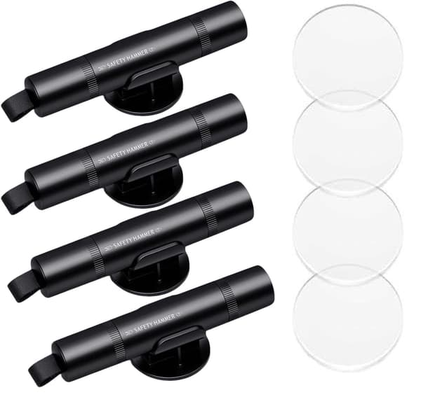 4-Pack Bil Nödhammare med Säkerhetsbälteskniv och Fjädrad Fönsterbrytare för Fordon - Skrovligt Grepp, Aluminiumlegering, Kompakt, Svart