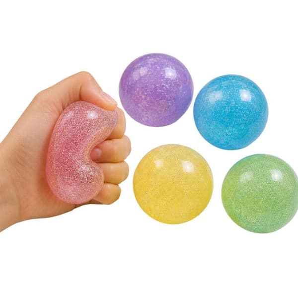 Sæt med 2 Squishy Bolde 7 cm Pailletterede og Farverige – Anti-Stress Bolde til at Klemme, Afslappende Sensoriske Legetøj, Tilfældige Farver