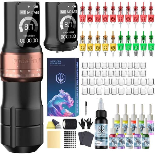 Trådlös Rotations-Tatuering Kit - ZVVN - POSEIDON - 20 Nål - 2 Batterier - Bläck Inkluderat