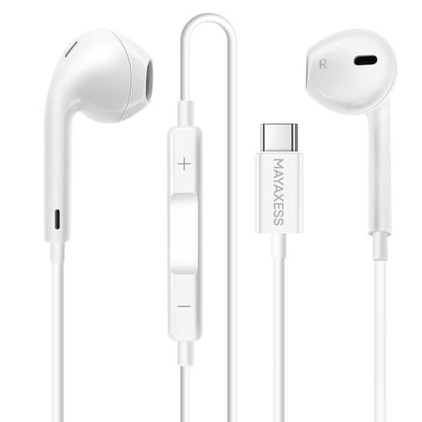 USB-C Hörlurar - MAYAXESS - Vit - Inbyggd mikrofon - Optimal komfort - Kompatibel med Samsung Galaxy S25