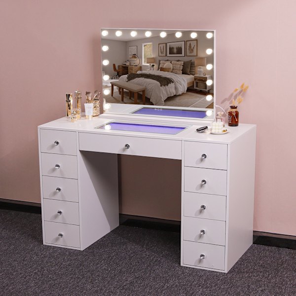 VANITII Sminkbord med sminkspegel, sminkspegel med lampor 80x58 cm, Premium Sminkbord i vitt, smart lagring med 11 lådor, 130 x 81 x 55 cm