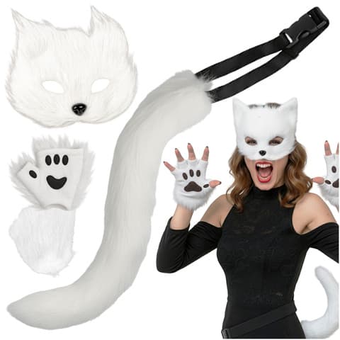 Katte / Ræv Maskeradedragt 4-Delt – Maske, Hale & Tæer Hvid