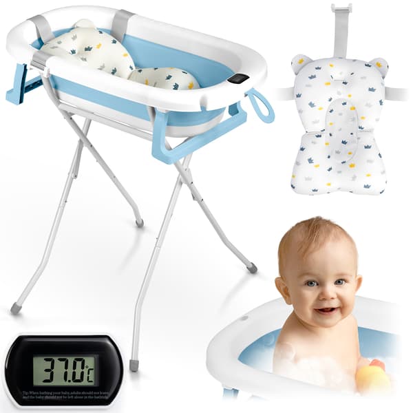 Foldbart badekar til børn og spædbørn med stel, termometer og indsats Ricokids RK-287 hvid og blå