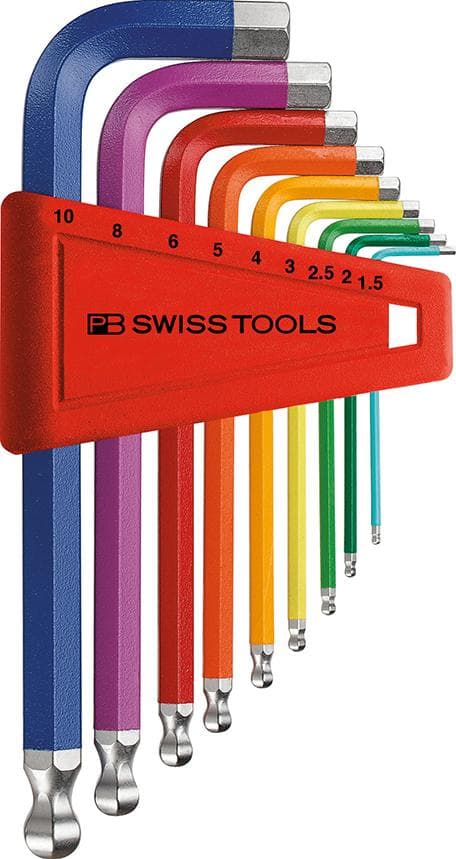 Sats med vinklade insexnyckelhylsnycklar i plasthållare, 9 delar, 1,5-10 mm, kulled, Rainbow, PB Swiss Tools