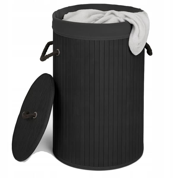 Hopfällbar rund tvättkorg i bambu, 60 liter, svart
