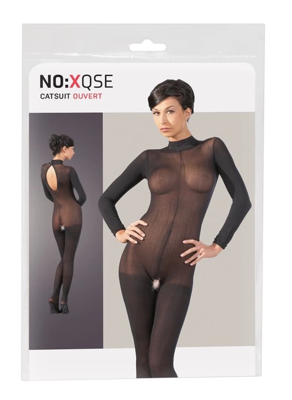 NOXQSE Sexig Genomskinlig Jumpsuit med Öppen Gren ML