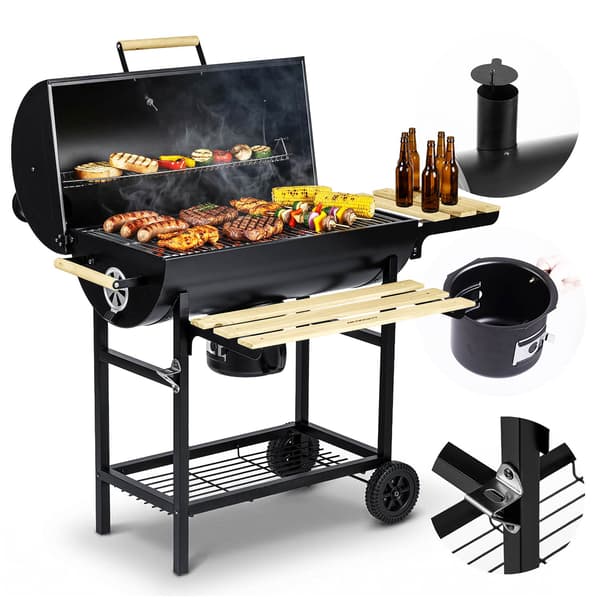 Trädgårdskolsgrill med skorsten, hyllor, termometer och asklåda Berdsen BD-895 svart
