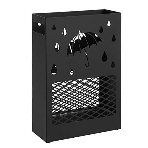 Songmics Paraplystativ Metal Rektangulært Paraplystativ med aftagelig vanddrypbakke, 4 kroge, udskæringsdesign, til entre og kontor, Sort Luc004B01