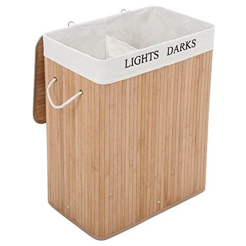 Songmics 100L (62,5 x 52 x 32 cm) Tøjvaskkurv Bambus Foldbar vaskeri med 2 rum Vaskeri med aftagelig vaskeri., Bambus, naturlig, LCB64Y