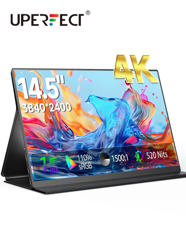 UPERFEKT 14,5" 4K Ultra HD+-skärm – 3840×2400 IPS-skärm, 110 % sRGB, 520 nits, 1ms respons, 180° rotation, USB-C/MINI HDMI för bärbar dator och konsol