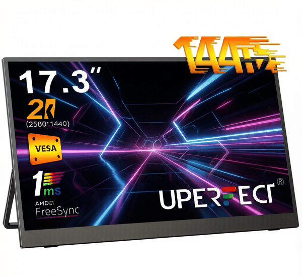UPERFEKT 17,3-tums QHD 144Hz bärbar bildskärm: 2560x1440 IPS-skärm, metallkropp, USB-C Mini HDMI, VESA-monterbar för arbete och spel