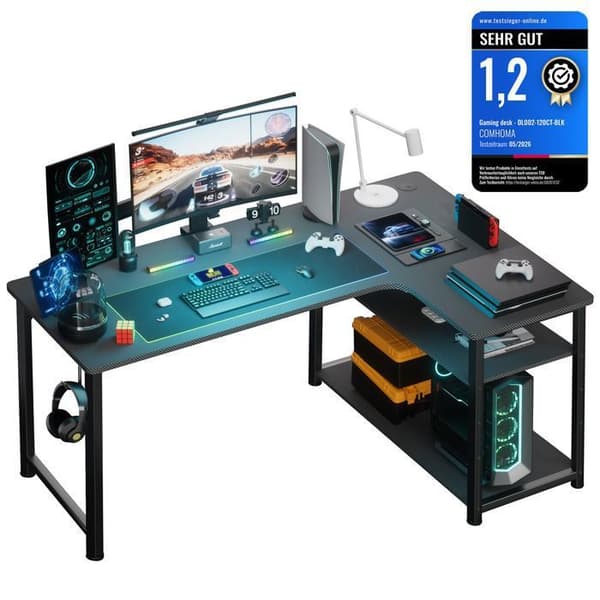 Bureau Gaming - Hörnskrivbord COMHOMA - Svart - 100x70cm - Förvaringshyllor