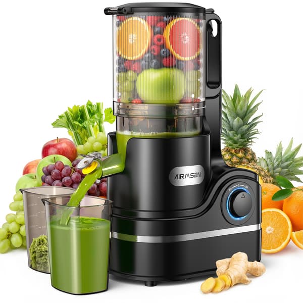 AIRMSEN Juicer - Elektrisk juicepress med 147mm extra stort inlopp, 2,1L kapacitet, 300W, 7+1-stegs förbättrad långsamtgående skruv, svart