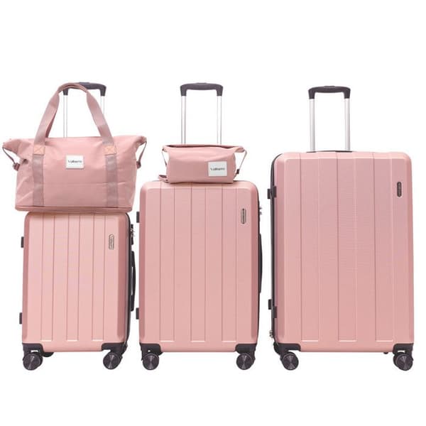 Set av 5 resväskor, resväska 75cm-66cm-55cm + hopfällbar reseväska + sminkväska, rosa