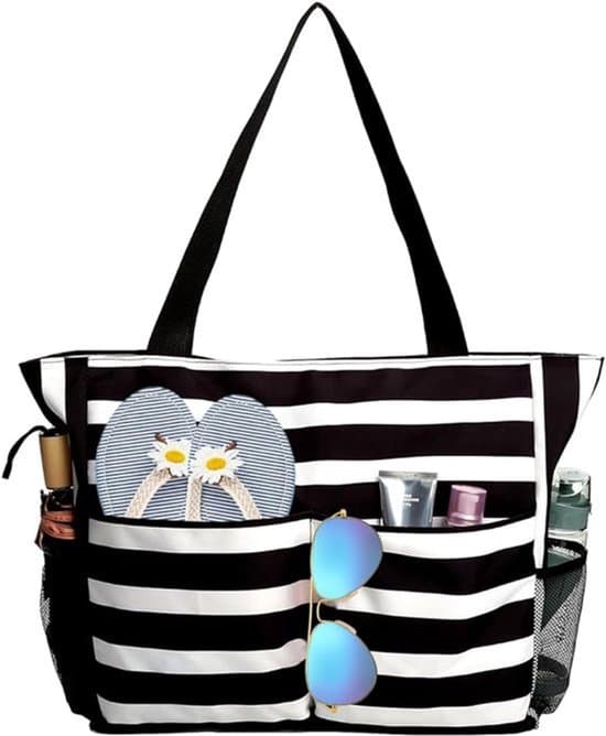 Dame strandtaske med lynlås, strandtaske med stor kapacitet, 8 rum, foldbar, bærbar taske, vandtæt taske, gave til kvinder, vandtæt taske, sort