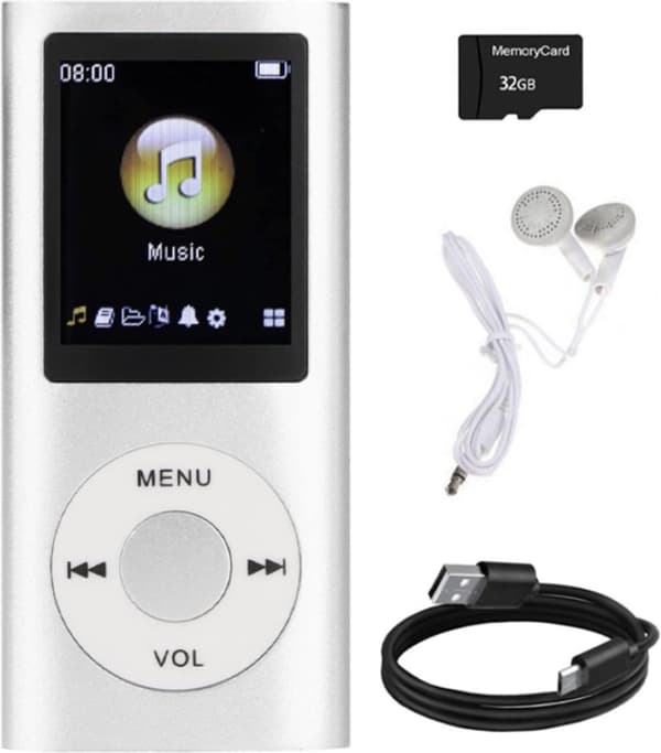 Bluetooth MP3-spelare med 32 GB SD-kort, 1,8-tums LCD, FM-radio och röstinspelare (silver)