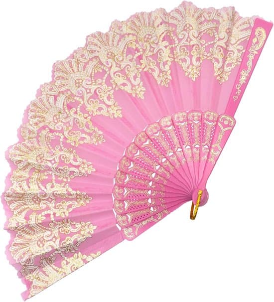 Handhållen kinesisk vikfläkt, handfläkt för kvinnor, hopfällbar, lämplig för fester, bröllop, kyrkor, danser och andra tillfällen (rosa).