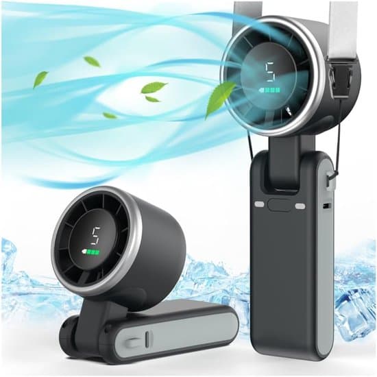 Handhållen fläkt - Minifläkt - Bärbar fläkt - Uppladdningsbar fläkt - USB-C-fläkt - Turbofläkt - 5 vindhastigheter - Med digital display - Upp till 12 timmar...