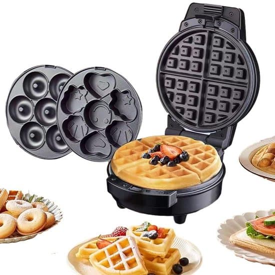 Denne 3-i-1 elektriske vaffel- og doughnutmaskine leveres med udskiftelige bageplader og kan bruges til at lave snacks og kager.