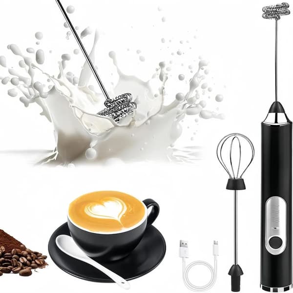 Elektrisk mjölkskummare med 3 justerbara hastigheter och USB-laddning. Levereras med 2 mjölkskumningshuvuden, lämplig för kaffe, cappuccino och latte.