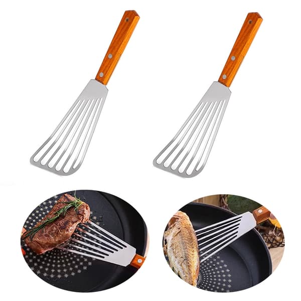 2-delat set med fiskslev med trähandtag, stor slitsad stekspade i rostfritt stål, non-stick stekspade, köksstek- och kexspade
