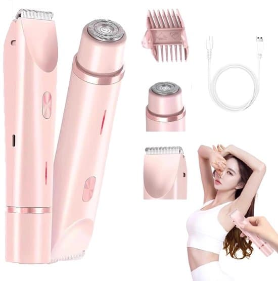 Elektrisk barbermaskine - 2-i-1 Damebarbermaskine - Vandtæt - Bikinitrimmer - Stille - Nem barbering - Glat barbering - Pink